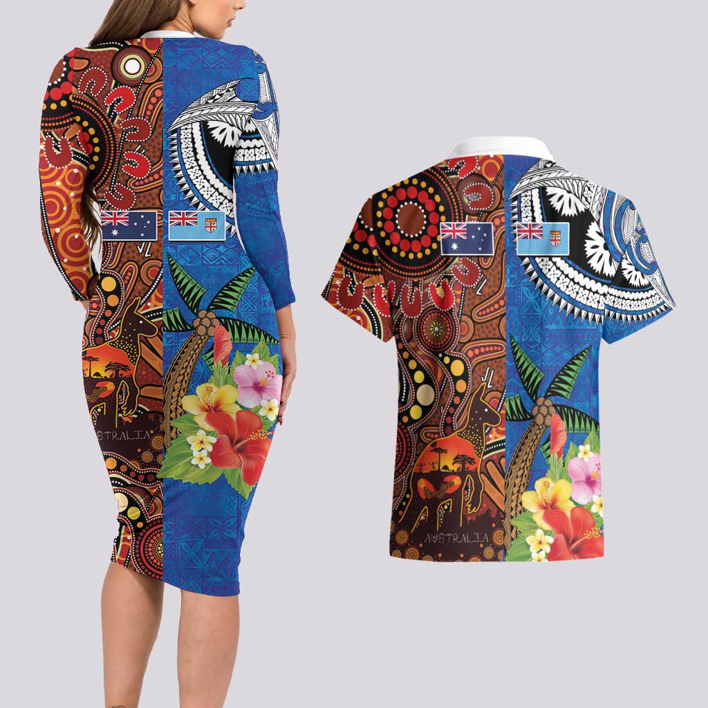 Fiji and Australia Together Couples Matching Long Sleeve Bodycon Dress and Hawaiian Shirt Fijian Tapa Plants with Kangaroo and Aboriginal LT03 - Polynesian Pride