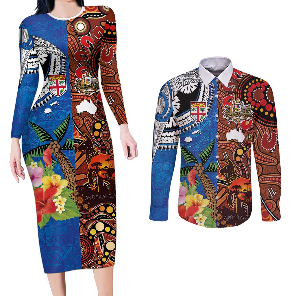 Fiji and Australia Together Couples Matching Long Sleeve Bodycon Dress and Long Sleeve Button Shirt Fijian Tapa Plants with Kangaroo and Aboriginal LT03 Black - Polynesian Pride