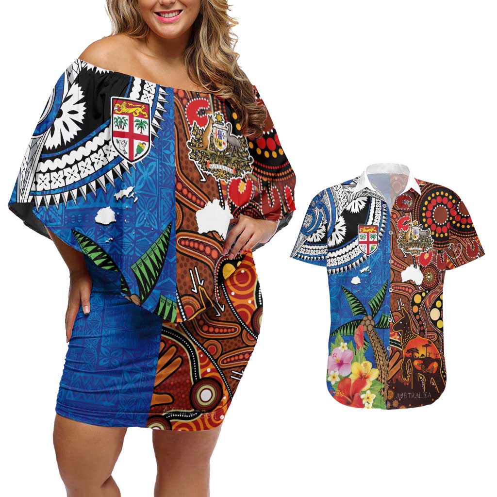 Fiji and Australia Together Couples Matching Off Shoulder Short Dress and Hawaiian Shirt Fijian Tapa Plants with Kangaroo and Aboriginal LT03 Black - Polynesian Pride