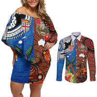 Fiji and Australia Together Couples Matching Off Shoulder Short Dress and Long Sleeve Button Shirt Fijian Tapa Plants with Kangaroo and Aboriginal LT03 Black - Polynesian Pride