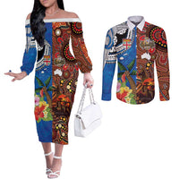 Fiji and Australia Together Couples Matching Off The Shoulder Long Sleeve Dress and Long Sleeve Button Shirt Fijian Tapa Plants with Kangaroo and Aboriginal LT03 Black - Polynesian Pride