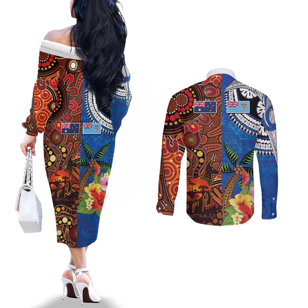 Fiji and Australia Together Couples Matching Off The Shoulder Long Sleeve Dress and Long Sleeve Button Shirt Fijian Tapa Plants with Kangaroo and Aboriginal LT03 - Polynesian Pride
