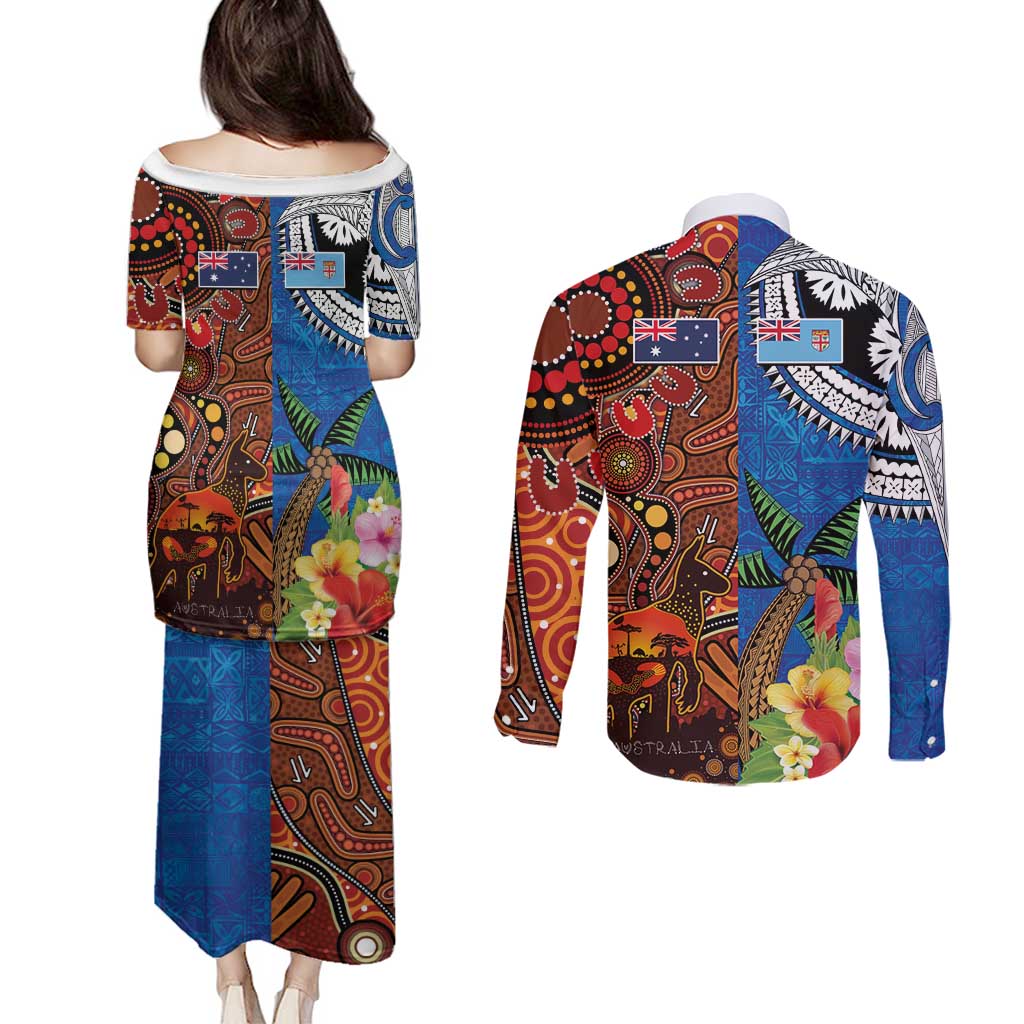 Fiji and Australia Together Couples Matching Puletasi and Long Sleeve Button Shirt Fijian Tapa Plants with Kangaroo and Aboriginal - Polynesian Pride