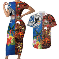 Fiji and Australia Together Couples Matching Short Sleeve Bodycon Dress and Hawaiian Shirt Fijian Tapa Plants with Kangaroo and Aboriginal LT03 Black - Polynesian Pride