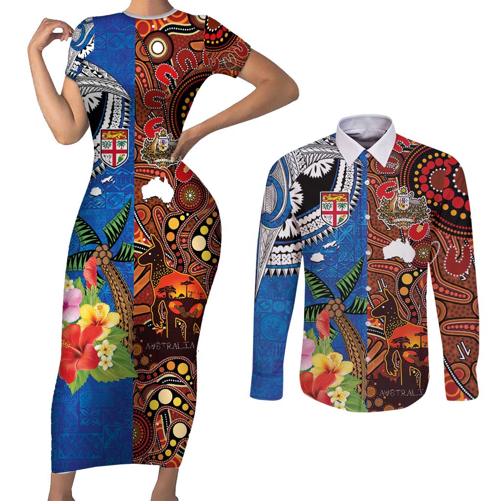 Fiji and Australia Together Couples Matching Short Sleeve Bodycon Dress and Long Sleeve Button Shirt Fijian Tapa Plants with Kangaroo and Aboriginal LT03 Black - Polynesian Pride