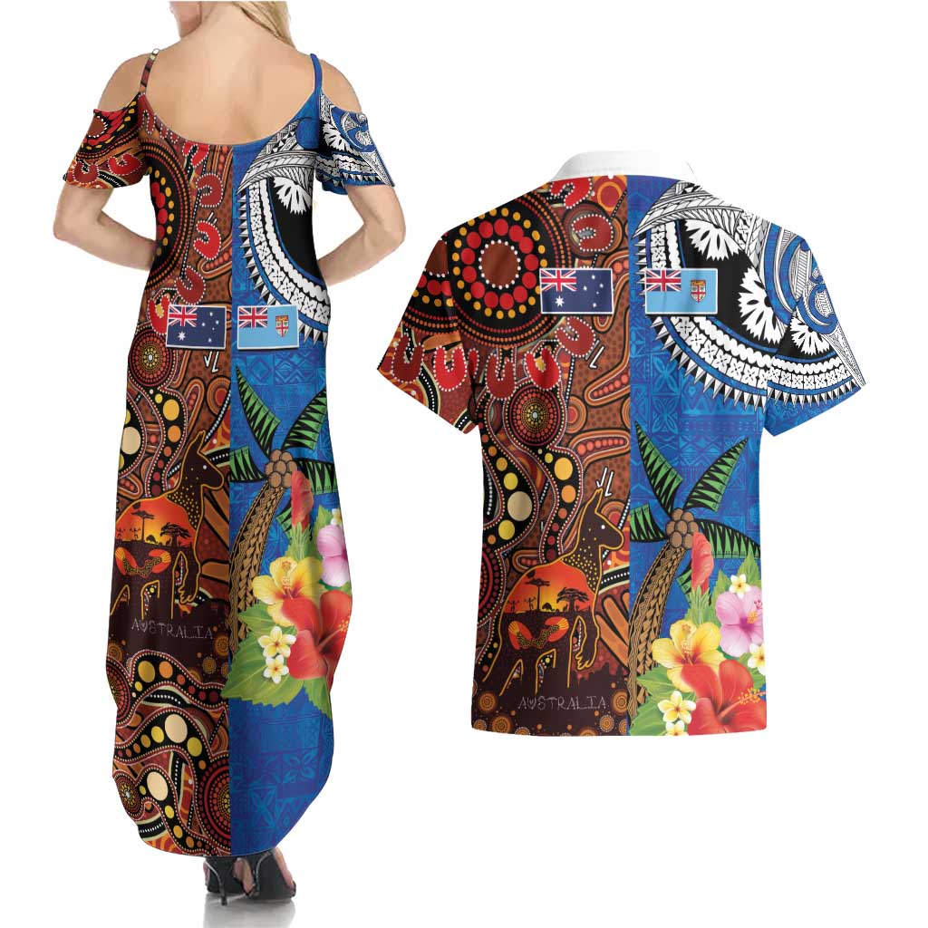 Fiji and Australia Together Couples Matching Summer Maxi Dress and Hawaiian Shirt Fijian Tapa Plants with Kangaroo and Aboriginal LT03 - Polynesian Pride