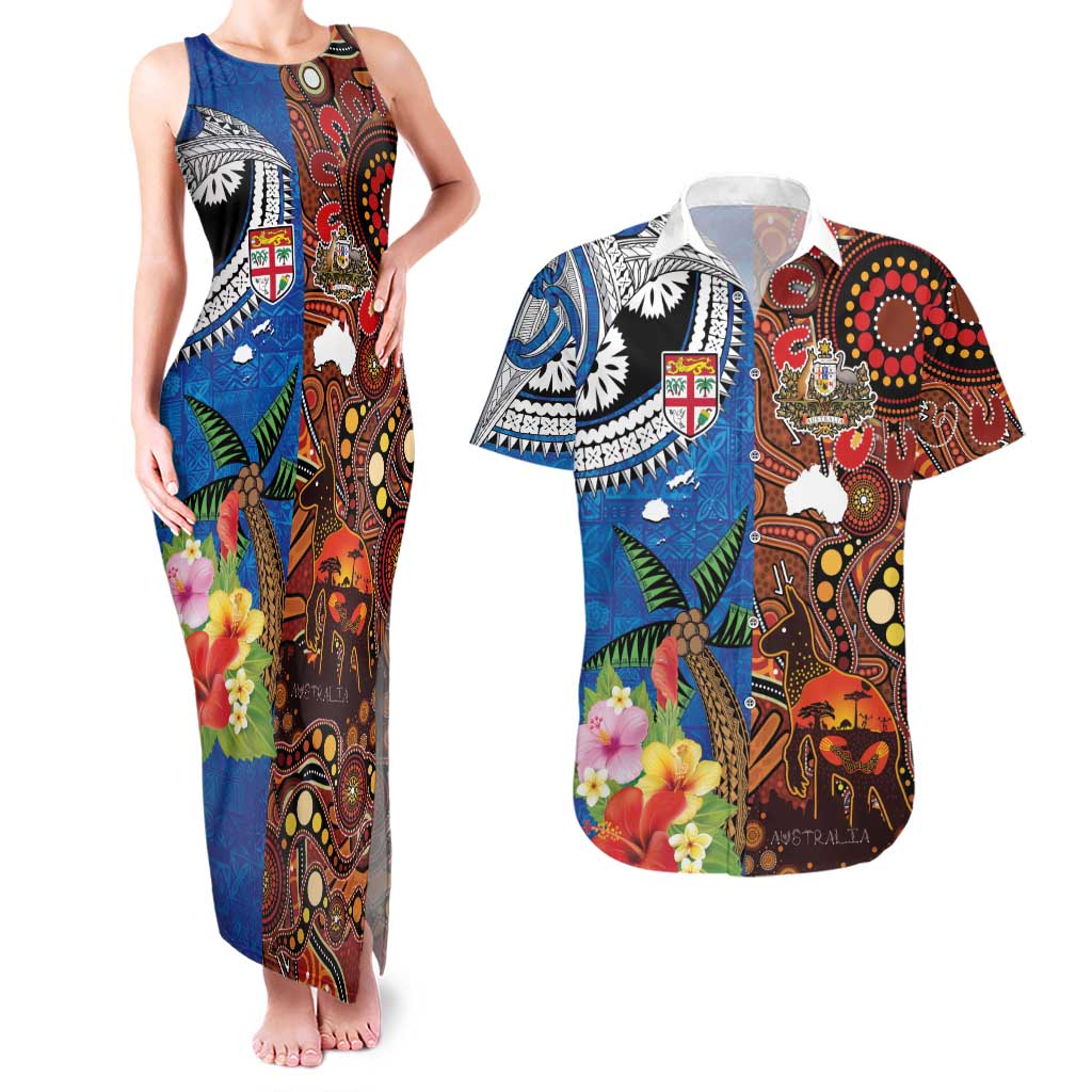 Fiji and Australia Together Couples Matching Tank Maxi Dress and Hawaiian Shirt Fijian Tapa Plants with Kangaroo and Aboriginal LT03 Black - Polynesian Pride