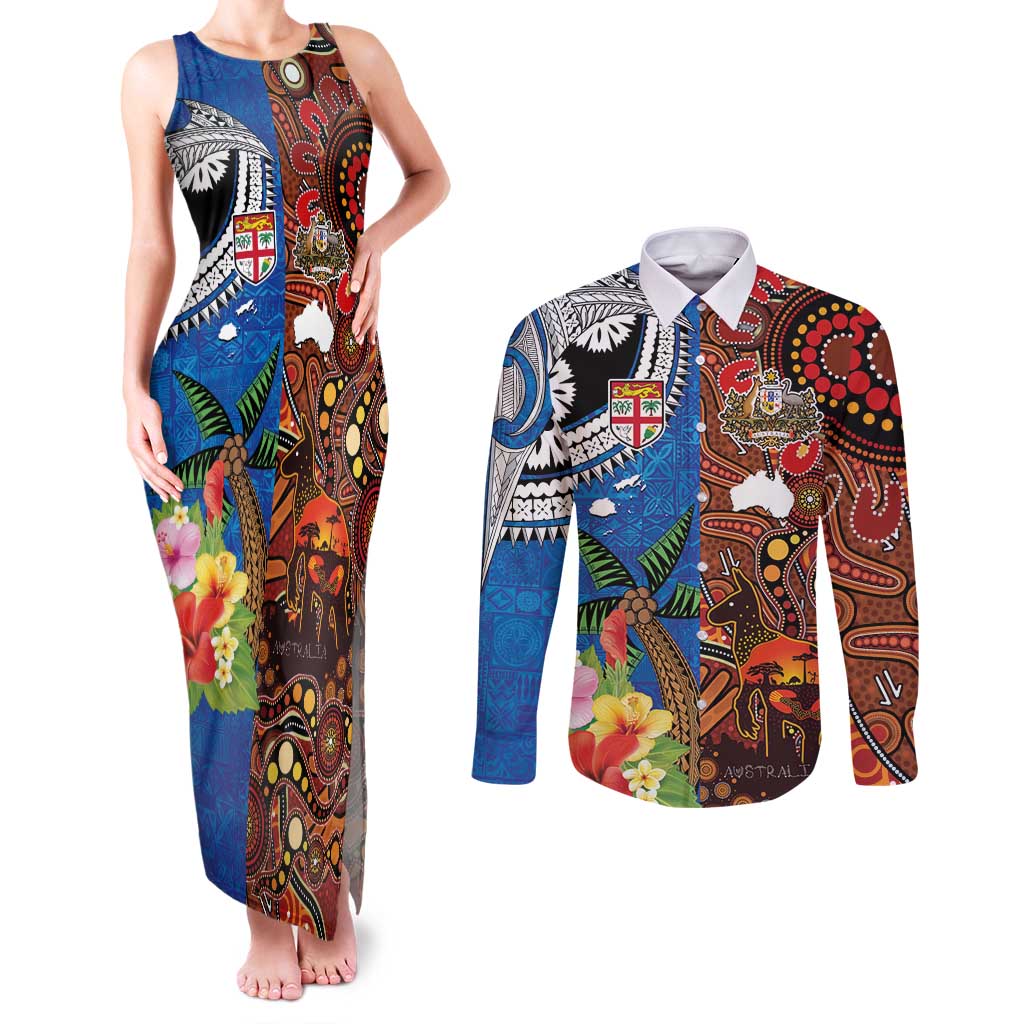 Fiji and Australia Together Couples Matching Tank Maxi Dress and Long Sleeve Button Shirt Fijian Tapa Plants with Kangaroo and Aboriginal LT03 Black - Polynesian Pride