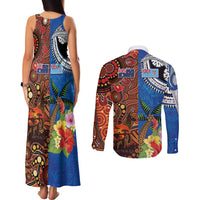 Fiji and Australia Together Couples Matching Tank Maxi Dress and Long Sleeve Button Shirt Fijian Tapa Plants with Kangaroo and Aboriginal LT03 - Polynesian Pride