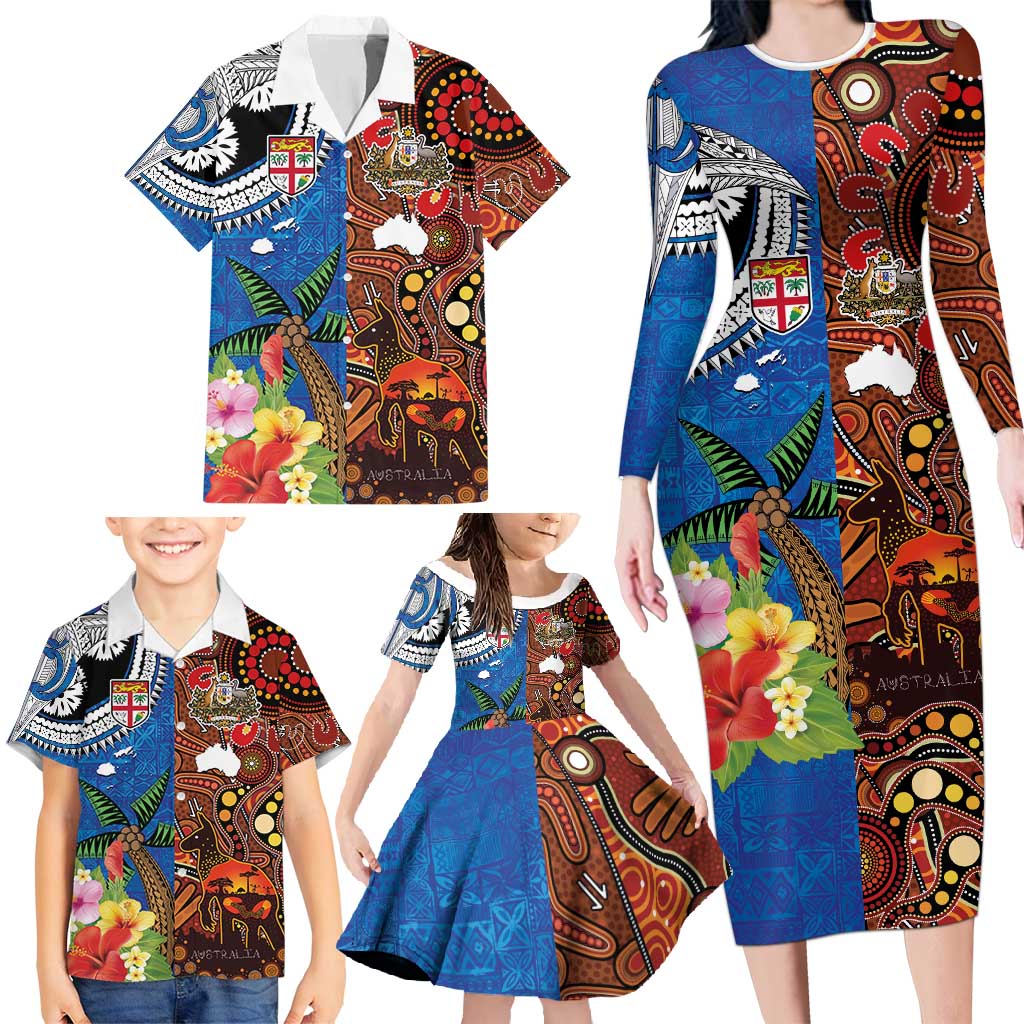 Fiji and Australia Together Family Matching Long Sleeve Bodycon Dress and Hawaiian Shirt Fijian Tapa Plants with Kangaroo and Aboriginal LT03 - Polynesian Pride