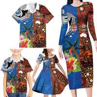 Fiji and Australia Together Family Matching Long Sleeve Bodycon Dress and Hawaiian Shirt Fijian Tapa Plants with Kangaroo and Aboriginal LT03 - Polynesian Pride