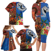 Fiji and Australia Together Family Matching Long Sleeve Bodycon Dress and Hawaiian Shirt Fijian Tapa Plants with Kangaroo and Aboriginal LT03 - Polynesian Pride