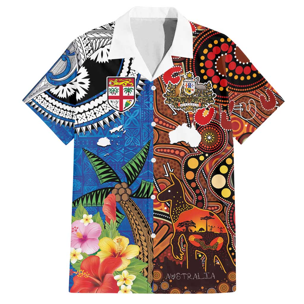 Fiji and Australia Together Family Matching Long Sleeve Bodycon Dress and Hawaiian Shirt Fijian Tapa Plants with Kangaroo and Aboriginal LT03 Dad's Shirt - Short Sleeve Black - Polynesian Pride