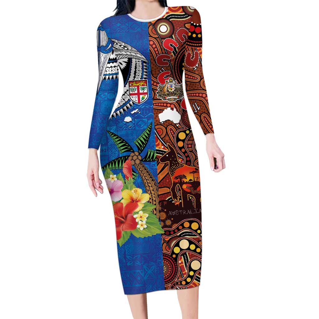 Fiji and Australia Together Family Matching Long Sleeve Bodycon Dress and Hawaiian Shirt Fijian Tapa Plants with Kangaroo and Aboriginal LT03 Mom's Dress Black - Polynesian Pride