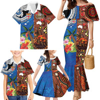 Fiji and Australia Together Family Matching Mermaid Dress and Hawaiian Shirt Fijian Tapa Plants with Kangaroo and Aboriginal LT03 - Polynesian Pride