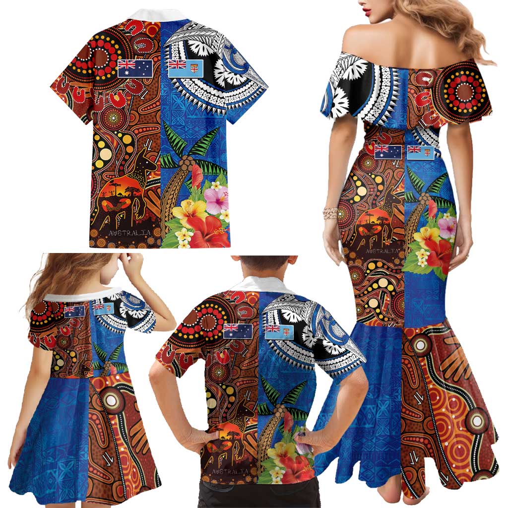 Fiji and Australia Together Family Matching Mermaid Dress and Hawaiian Shirt Fijian Tapa Plants with Kangaroo and Aboriginal LT03 - Polynesian Pride