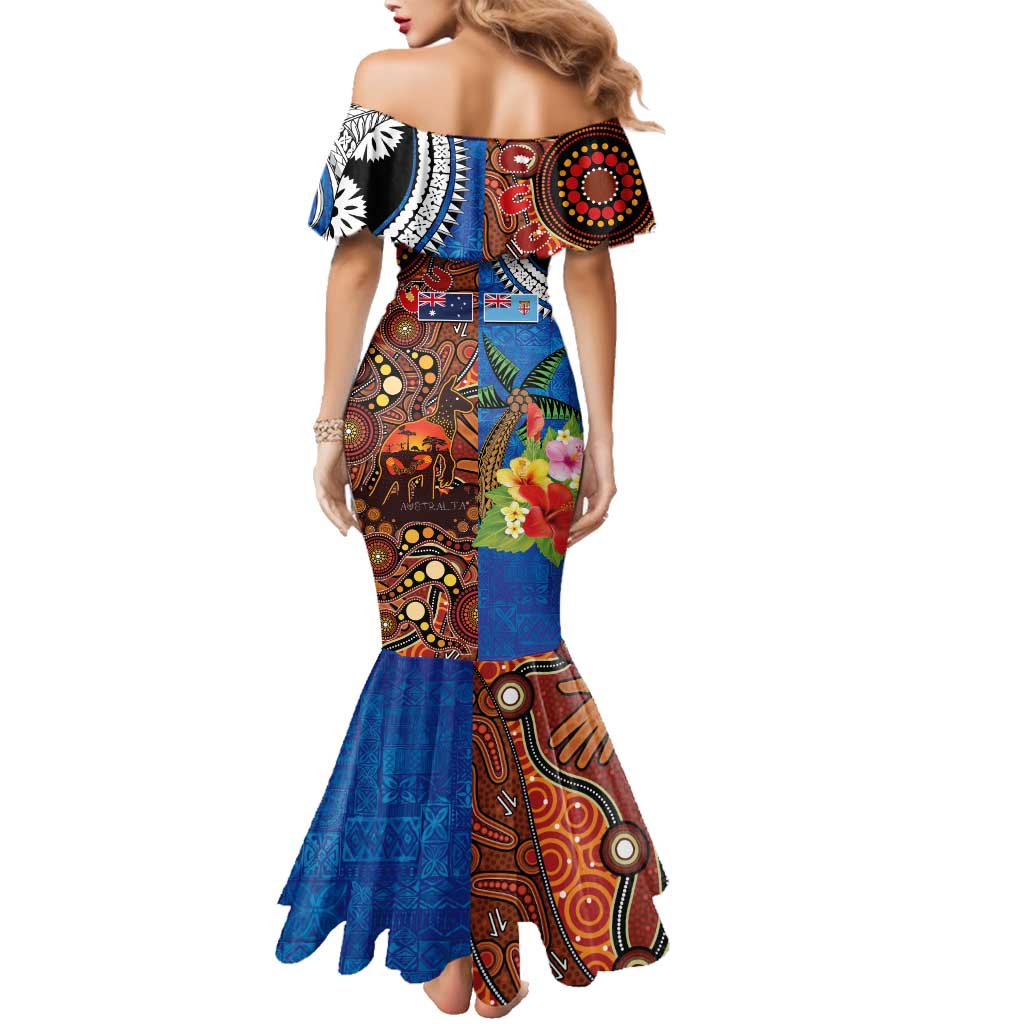 Fiji and Australia Together Family Matching Mermaid Dress and Hawaiian Shirt Fijian Tapa Plants with Kangaroo and Aboriginal LT03 - Polynesian Pride