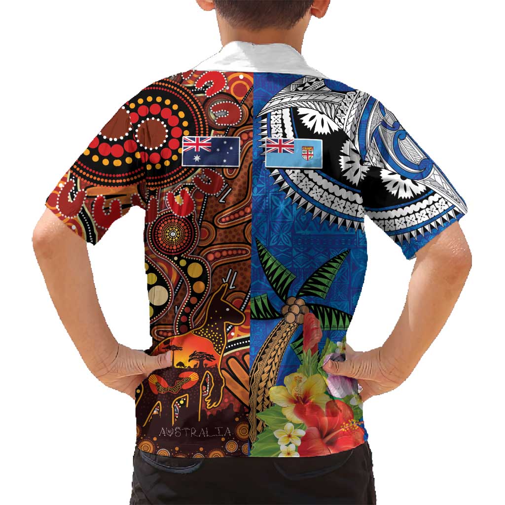 Fiji and Australia Together Family Matching Off Shoulder Maxi Dress and Hawaiian Shirt Fijian Tapa Plants with Kangaroo and Aboriginal LT03 - Polynesian Pride