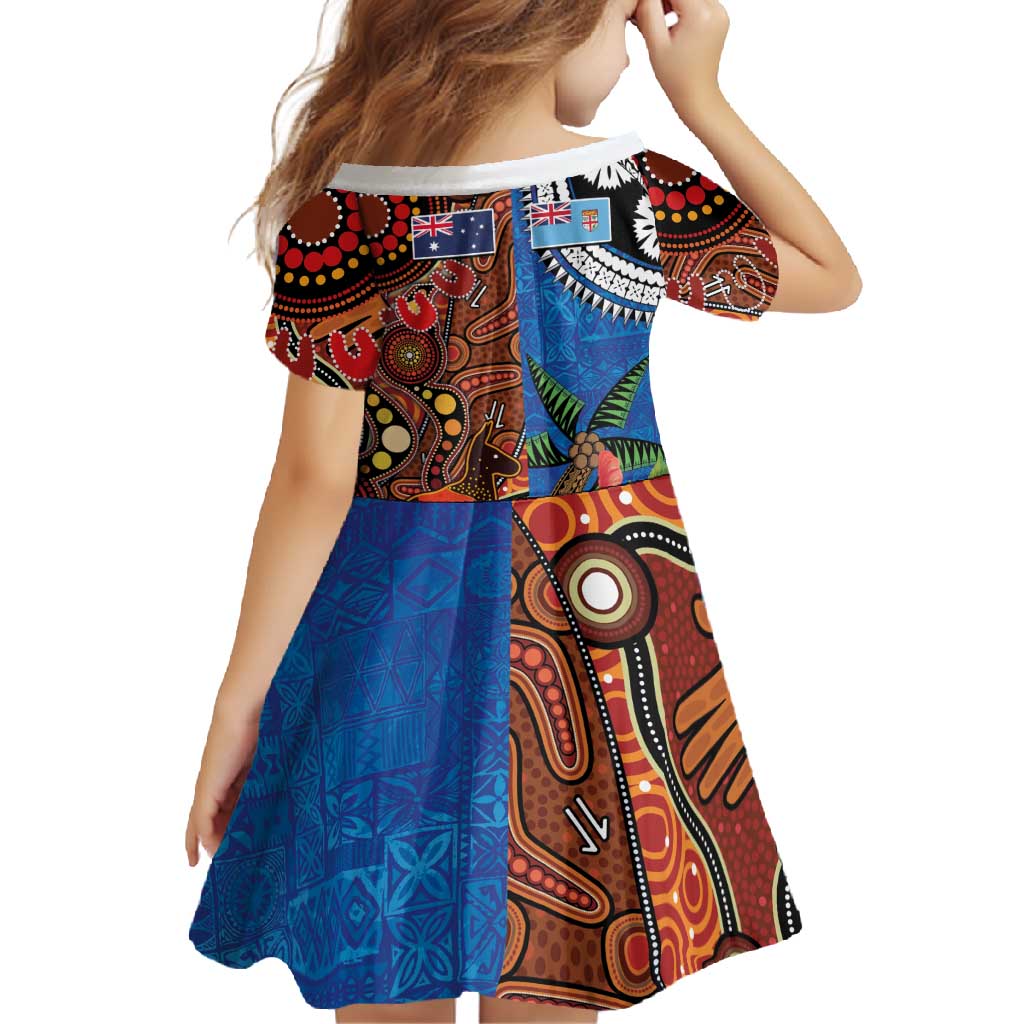Fiji and Australia Together Family Matching Off Shoulder Maxi Dress and Hawaiian Shirt Fijian Tapa Plants with Kangaroo and Aboriginal LT03 - Polynesian Pride