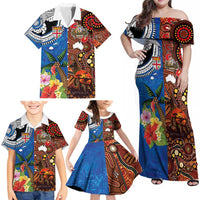 Fiji and Australia Together Family Matching Off Shoulder Maxi Dress and Hawaiian Shirt Fijian Tapa Plants with Kangaroo and Aboriginal LT03 - Polynesian Pride