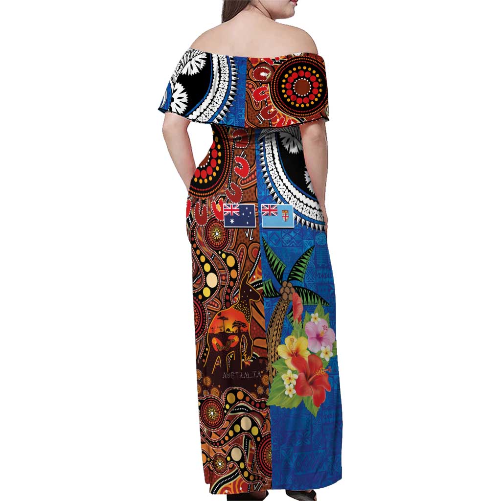 Fiji and Australia Together Family Matching Off Shoulder Maxi Dress and Hawaiian Shirt Fijian Tapa Plants with Kangaroo and Aboriginal LT03 - Polynesian Pride