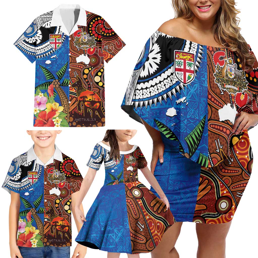 Fiji and Australia Together Family Matching Off Shoulder Short Dress and Hawaiian Shirt Fijian Tapa Plants with Kangaroo and Aboriginal - Polynesian Pride