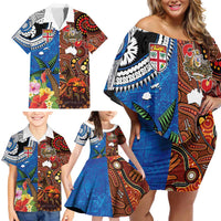 Fiji and Australia Together Family Matching Off Shoulder Short Dress and Hawaiian Shirt Fijian Tapa Plants with Kangaroo and Aboriginal LT03 - Polynesian Pride