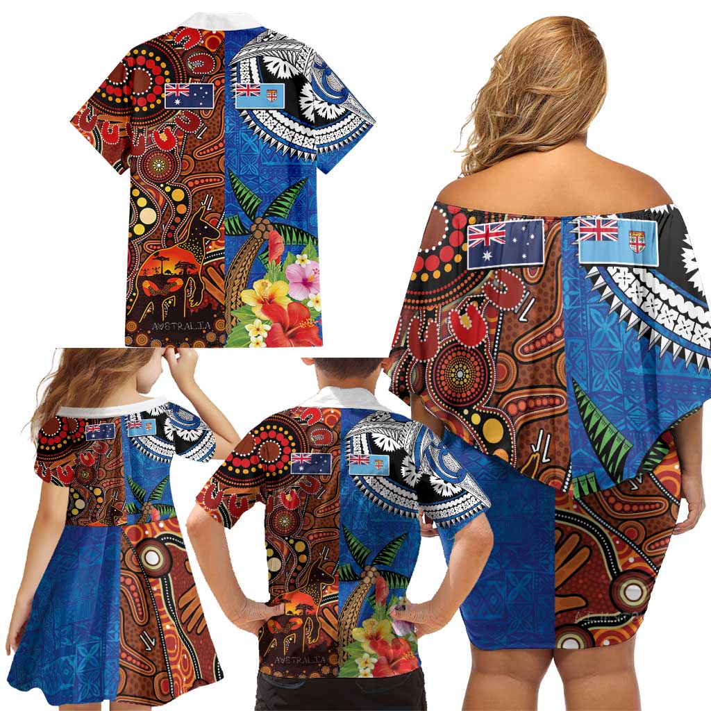 Fiji and Australia Together Family Matching Off Shoulder Short Dress and Hawaiian Shirt Fijian Tapa Plants with Kangaroo and Aboriginal LT03 - Polynesian Pride