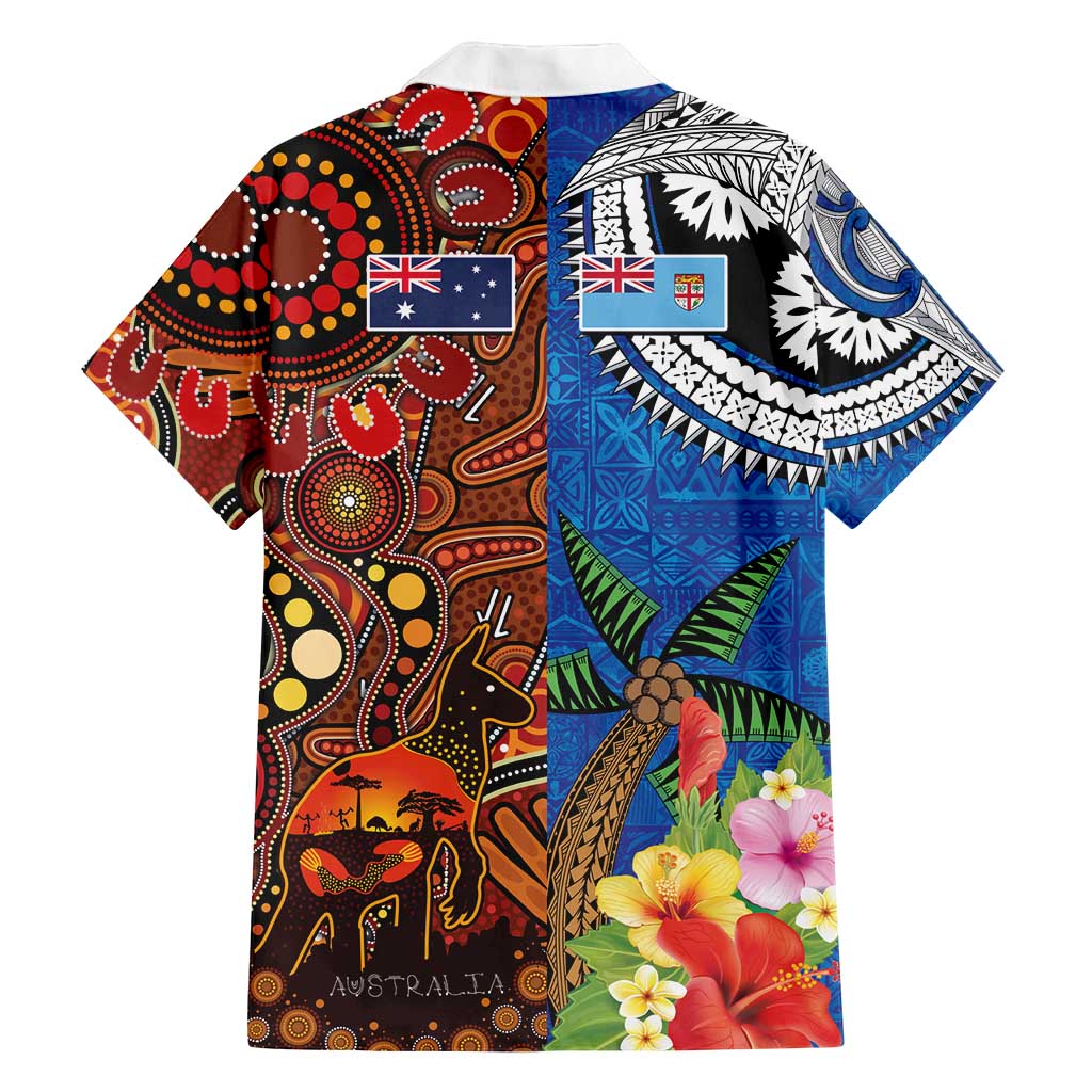 Fiji and Australia Together Family Matching Off Shoulder Short Dress and Hawaiian Shirt Fijian Tapa Plants with Kangaroo and Aboriginal LT03 - Polynesian Pride