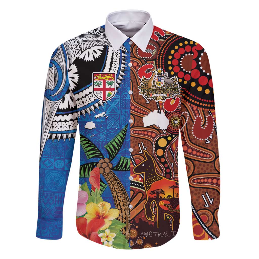 Fiji and Australia Together Family Matching Off Shoulder Short Dress and Hawaiian Shirt Fijian Tapa Plants with Kangaroo and Aboriginal LT03 Dad's Shirt - Long Sleeve Black - Polynesian Pride