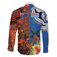 Fiji and Australia Together Family Matching Off Shoulder Short Dress and Hawaiian Shirt Fijian Tapa Plants with Kangaroo and Aboriginal LT03 - Polynesian Pride