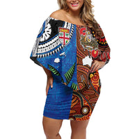 Fiji and Australia Together Family Matching Off Shoulder Short Dress and Hawaiian Shirt Fijian Tapa Plants with Kangaroo and Aboriginal LT03 Mom's Dress Black - Polynesian Pride