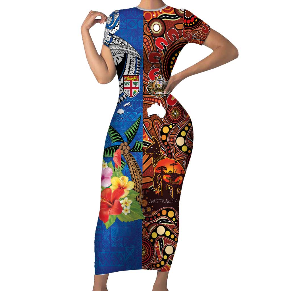 Fiji and Australia Together Family Matching Short Sleeve Bodycon Dress and Hawaiian Shirt Fijian Tapa Plants with Kangaroo and Aboriginal LT03 Mom's Dress Black - Polynesian Pride