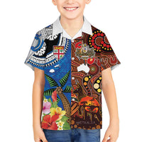 Fiji and Australia Together Family Matching Short Sleeve Bodycon Dress and Hawaiian Shirt Fijian Tapa Plants with Kangaroo and Aboriginal LT03 Son's Shirt Black - Polynesian Pride