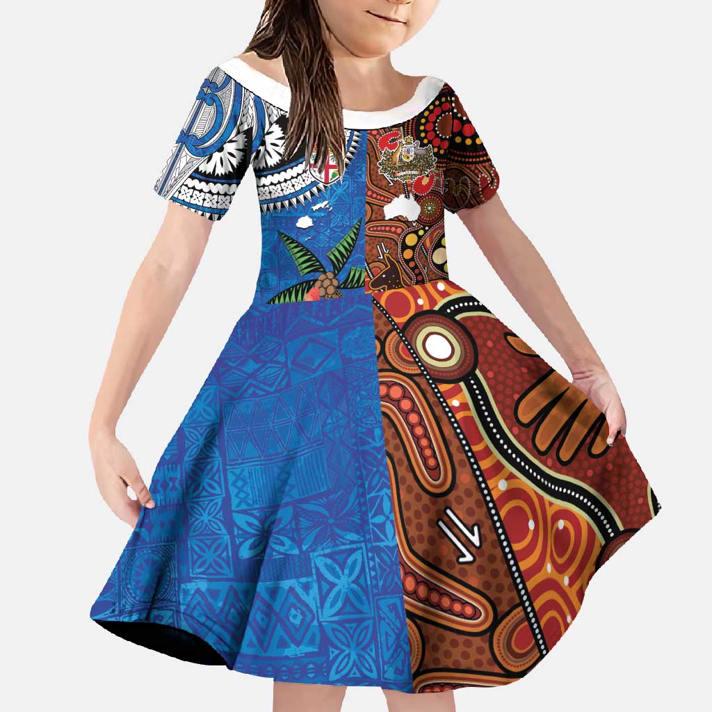 Fiji and Australia Together Family Matching Tank Maxi Dress and Hawaiian Shirt Fijian Tapa Plants with Kangaroo and Aboriginal LT03 Daughter's Dress Black - Polynesian Pride