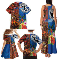 Fiji and Australia Together Family Matching Tank Maxi Dress and Hawaiian Shirt Fijian Tapa Plants with Kangaroo and Aboriginal LT03 - Polynesian Pride