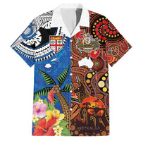 Fiji and Australia Together Family Matching Tank Maxi Dress and Hawaiian Shirt Fijian Tapa Plants with Kangaroo and Aboriginal LT03 Dad's Shirt - Short Sleeve Black - Polynesian Pride