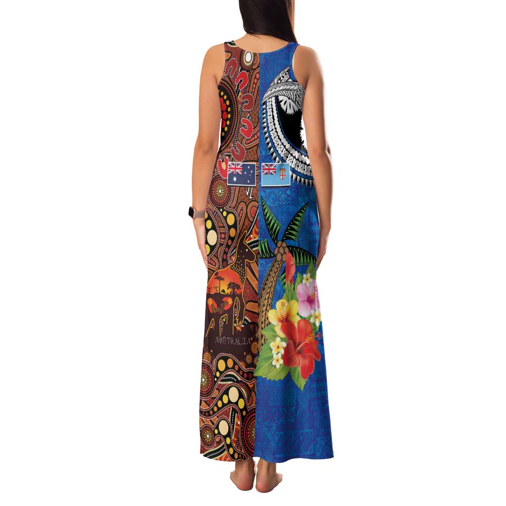 Fiji and Australia Together Family Matching Tank Maxi Dress and Hawaiian Shirt Fijian Tapa Plants with Kangaroo and Aboriginal LT03 - Polynesian Pride