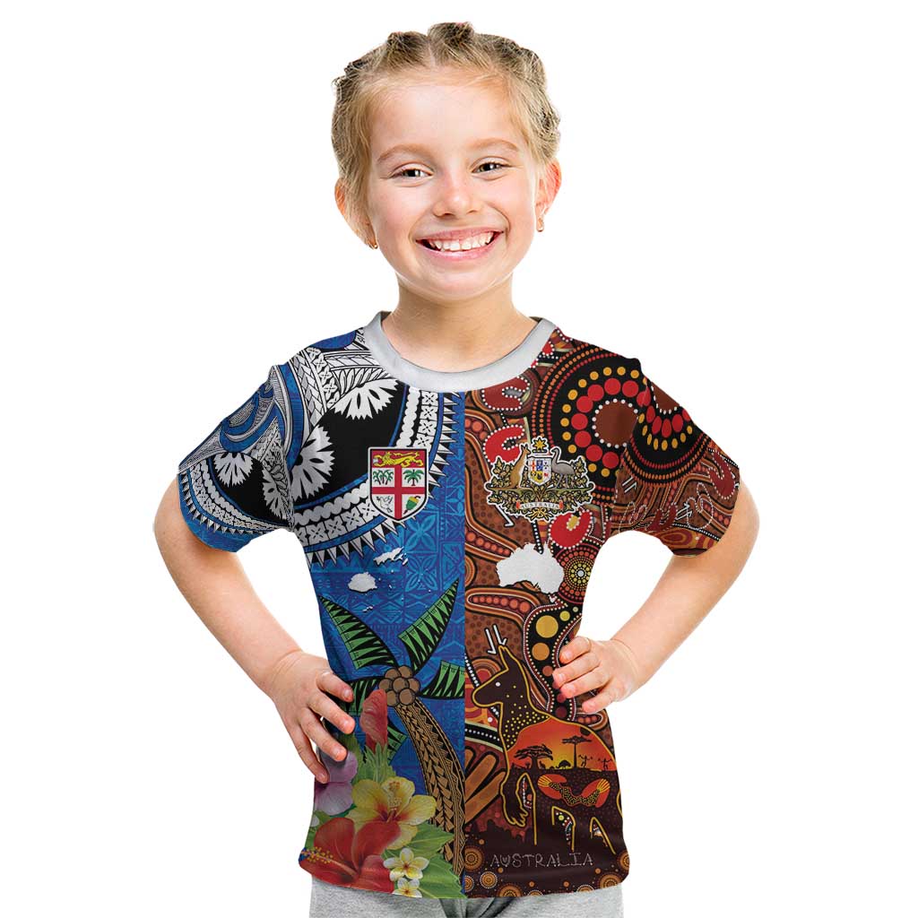Fiji and Australia Together Kid T Shirt Fijian Tapa Plants with Kangaroo and Aboriginal - Polynesian Pride