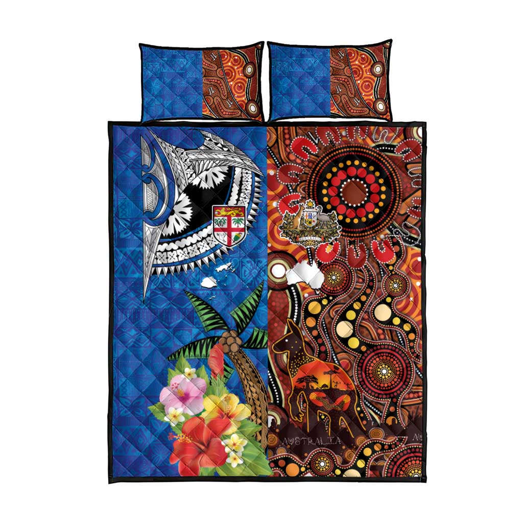 Fiji and Australia Together Quilt Bed Set Fijian Tapa Plants with Kangaroo and Aboriginal - Polynesian Pride