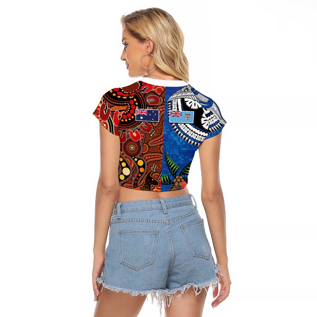 Fiji and Australia Together Raglan Cropped T Shirt Fijian Tapa Plants with Kangaroo and Aboriginal - Polynesian Pride