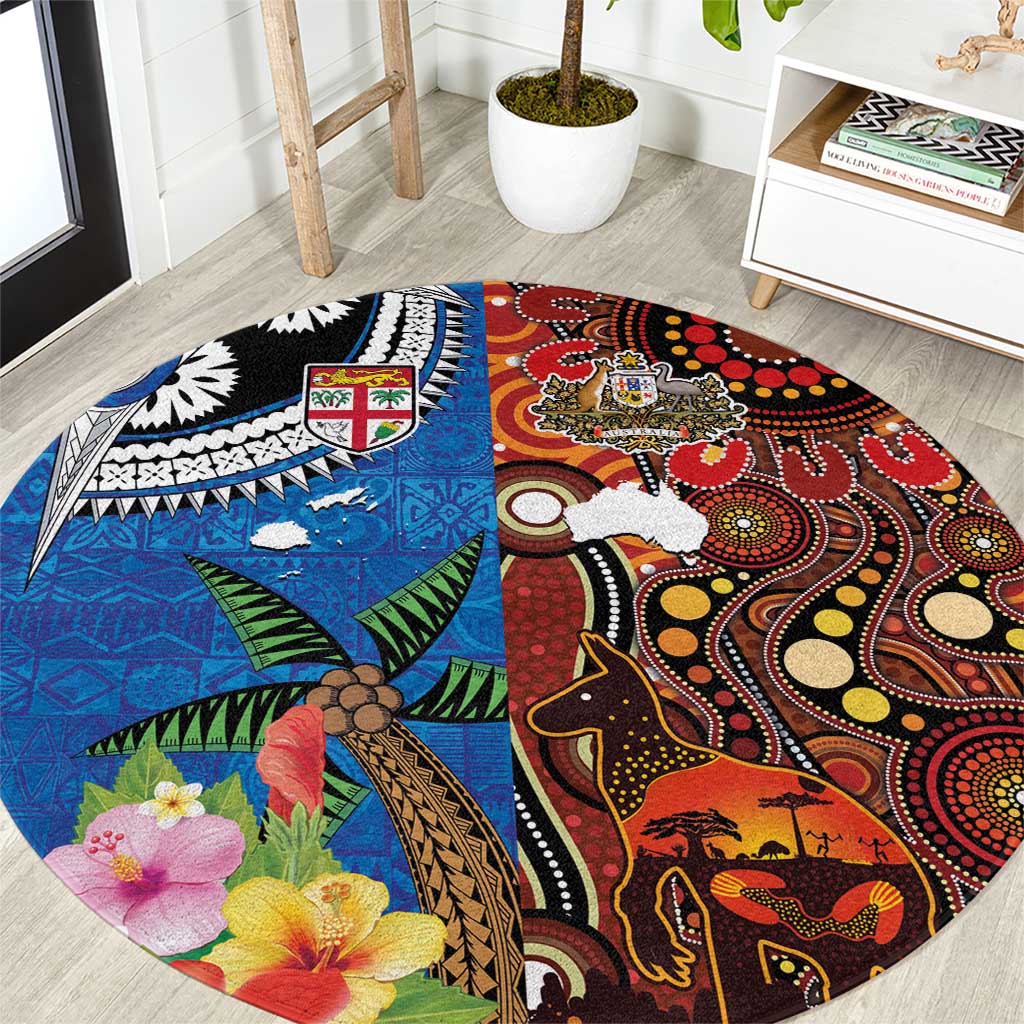 Fiji and Australia Together Round Carpet Fijian Tapa Plants with Kangaroo and Aboriginal - Polynesian Pride