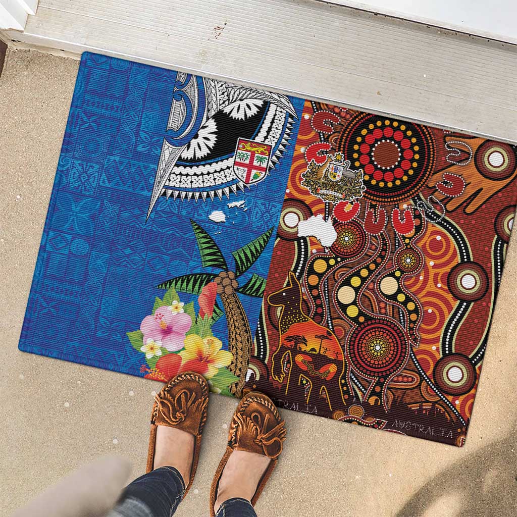 Fiji and Australia Together Rubber Doormat Fijian Tapa Plants with Kangaroo and Aboriginal - Polynesian Pride