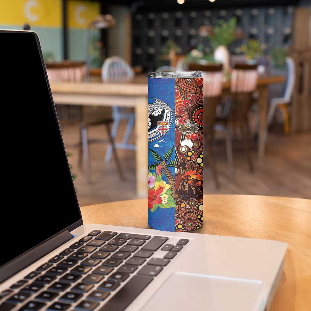 Fiji and Australia Together Skinny Tumbler Fijian Tapa Plants with Kangaroo and Aboriginal LT03 - Polynesian Pride