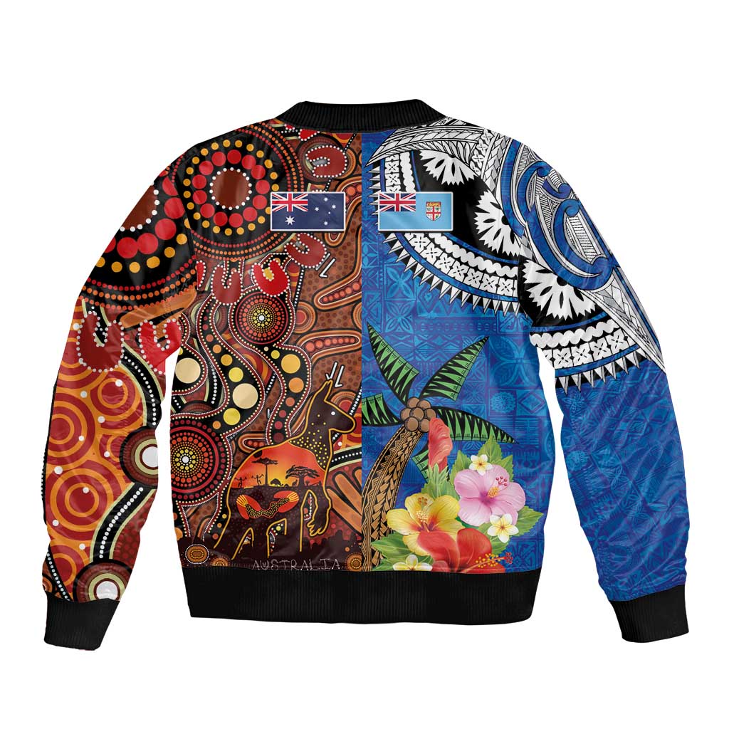 Fiji and Australia Together Sleeve Zip Bomber Jacket Fijian Tapa Plants with Kangaroo and Aboriginal - Polynesian Pride