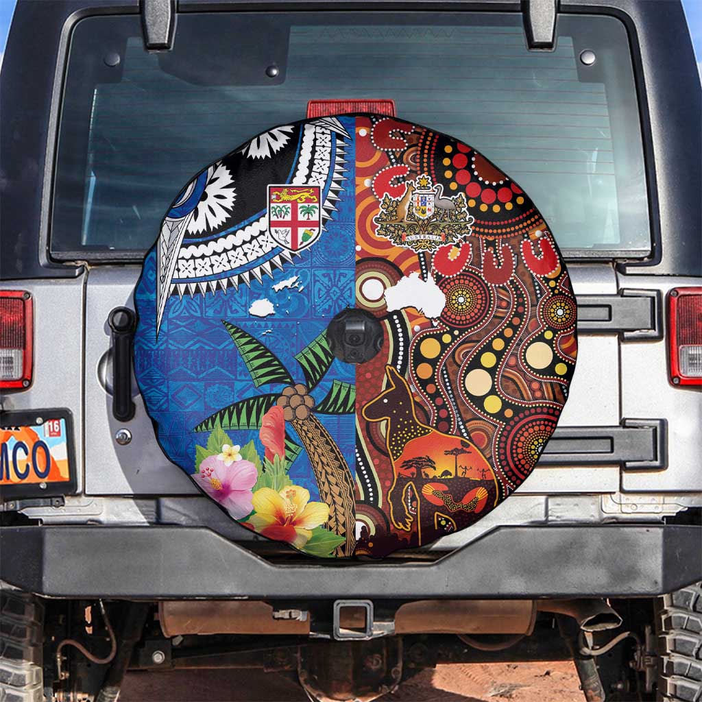 Fiji and Australia Together Spare Tire Cover Fijian Tapa Plants with Kangaroo and Aboriginal - Polynesian Pride