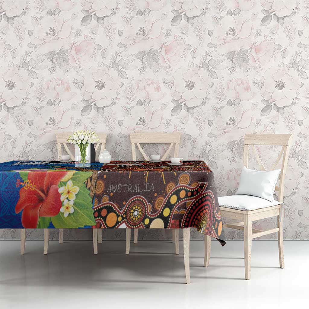 Fiji and Australia Together Tablecloth Fijian Tapa Plants with Kangaroo and Aboriginal - Polynesian Pride