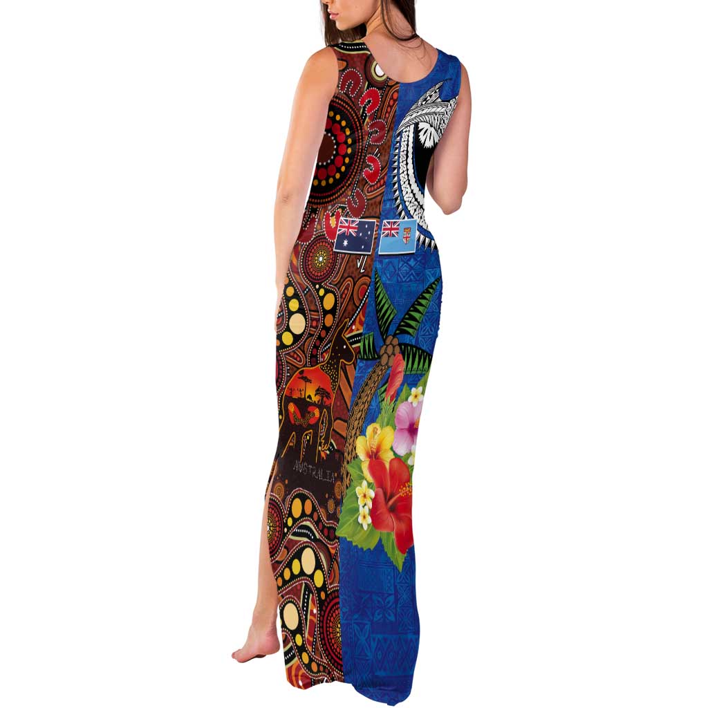 Fiji and Australia Together Tank Maxi Dress Fijian Tapa Plants with Kangaroo and Aboriginal - Polynesian Pride