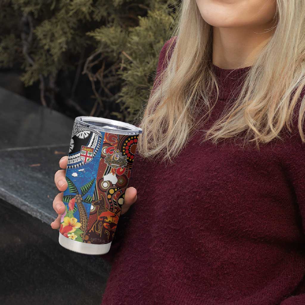 Fiji and Australia Together Tumbler Cup Fijian Tapa Plants with Kangaroo and Aboriginal - Polynesian Pride