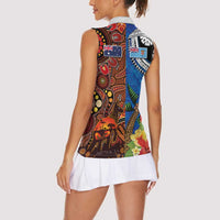 Fiji and Australia Together Women Sleeveless Polo Shirt Fijian Tapa Plants with Kangaroo and Aboriginal LT03 - Polynesian Pride